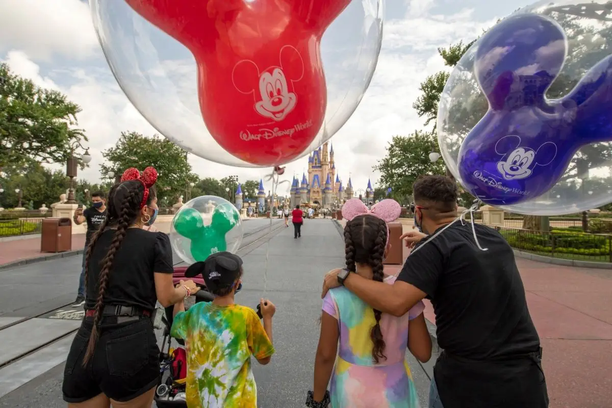 Photo of a man and woman with 3 young children from behind with several Mickey Mouse balloons walking toward Cinderella's Castle at Disney World.