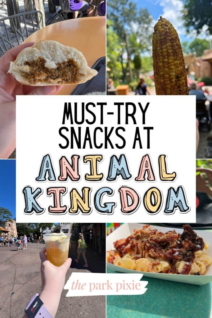 Custom graphic with 4 photos of snacks from Animal Kingdom. Text in the middle reads: Must-Try Snacks at Animal Kingdom.