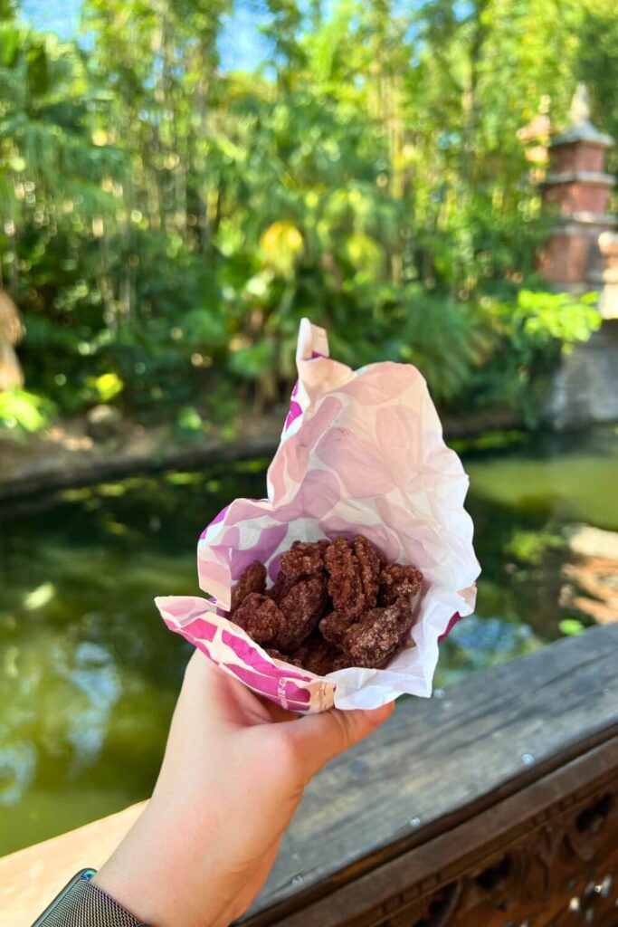 Photo of a paper cone with cinnamon-glazed pecans in it and a river in the background.