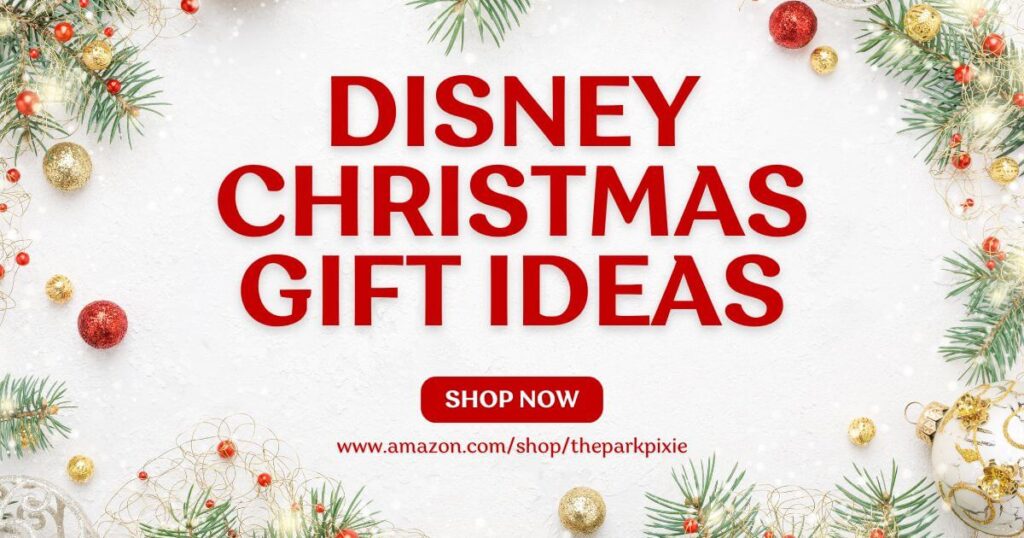 Graphic with a Christmas embellishments like ornaments, lights, and tree sprigs. Text in the middle reads: Disney Christmas Gift Ideas - Shop Now.