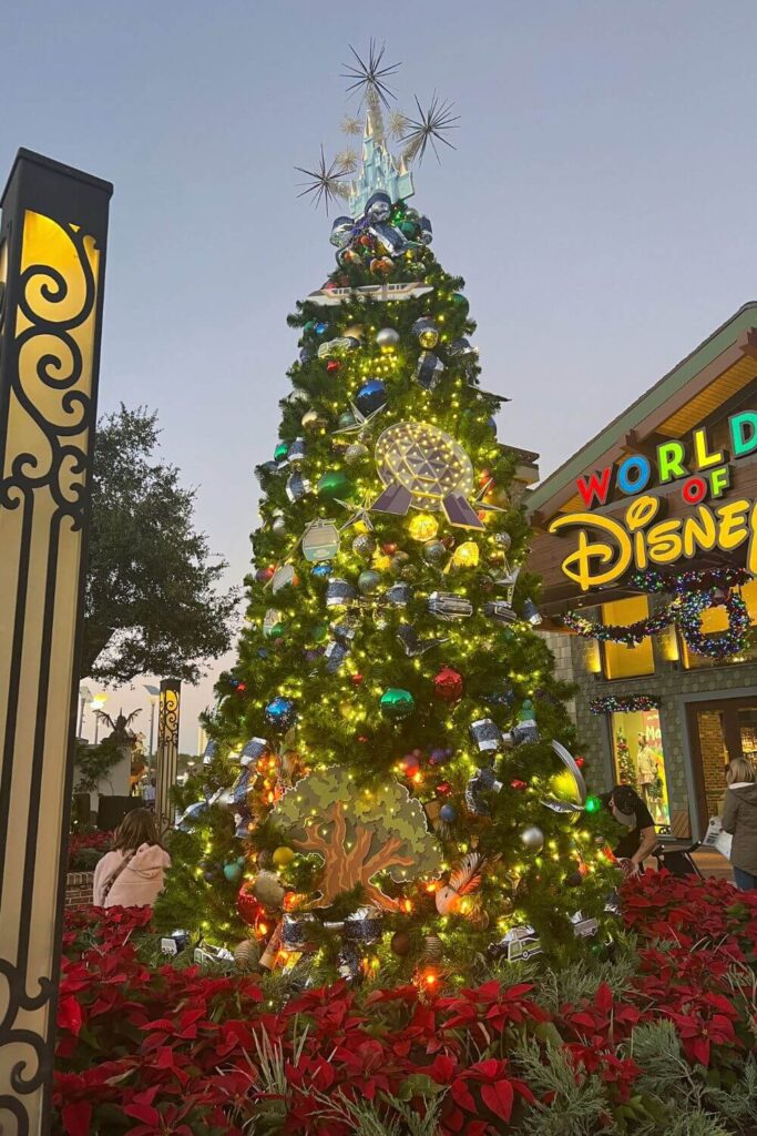 Photo of the Disney World themed Christmas tree at Disney Springs.