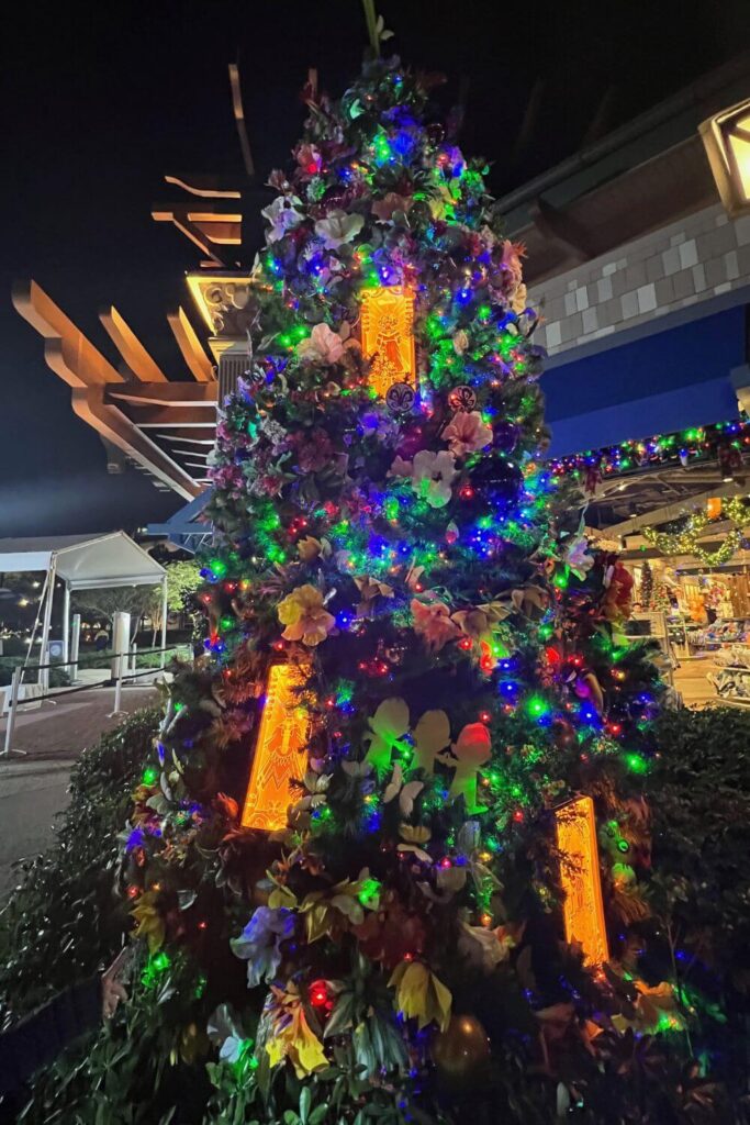 Photo of the Encanto themed Christmas tree at Disney Springs.