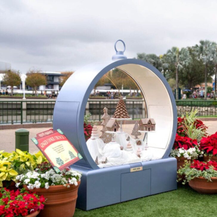 Photo of the Festive Fragrances display by Scentsy at Epcot's Festival of the Holidays. Inside the giant bulb-shaped display are scented Christmas decor, such as gingerbread houses and Christmas trees.