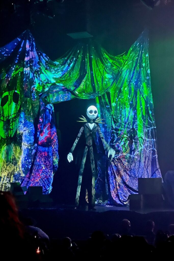 Photo of a massive Jack Skellington puppet from The Nightmare Before Christmas sing-along show at Jollywood Nights.