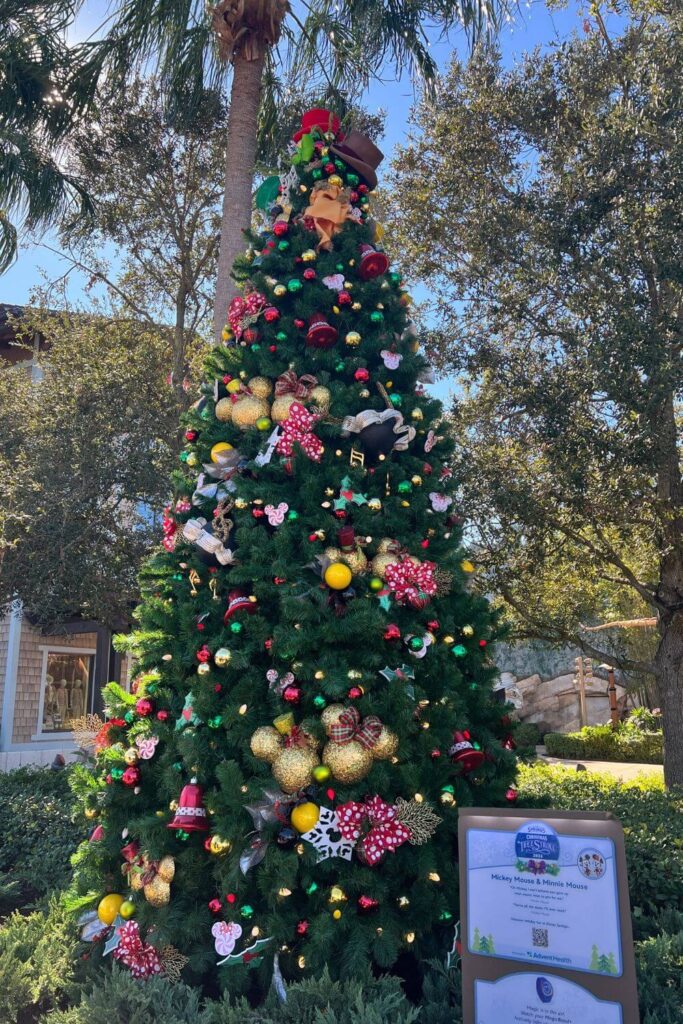 Photo of the Minnie & Mickey Mouse themed Christmas tree at Disney Springs.