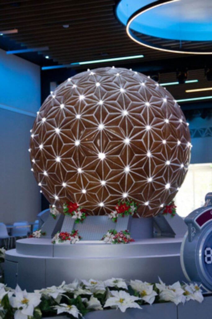 Photo of the gingerbread replica of Epcot's Spaceship Earth at CommuniCore Hall.