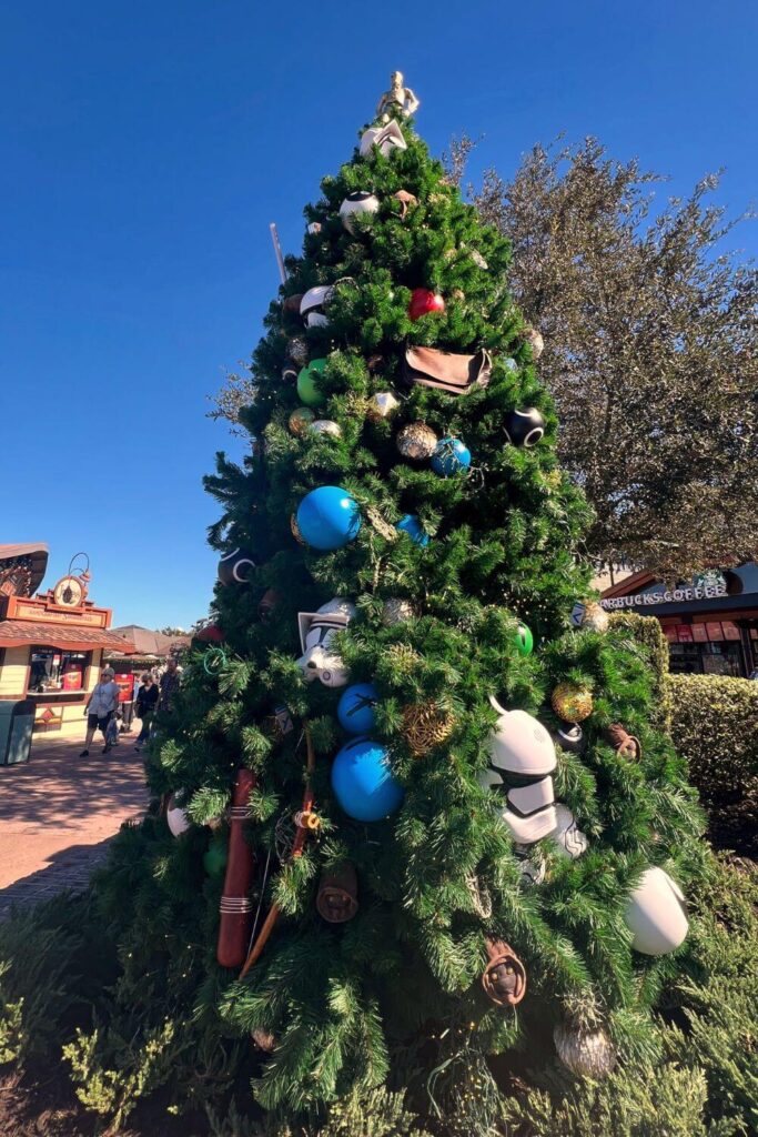 Photo of the Star Wars themed Christmas tree at Disney Springs during the day.